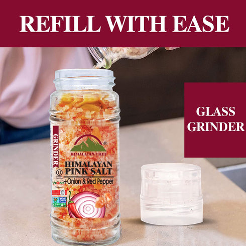 Himalayan Chef Salt & Pepper Grinder Variety Pack (Pink Salt, Black Peppercorn, Onion Salt, Garlic Salt)